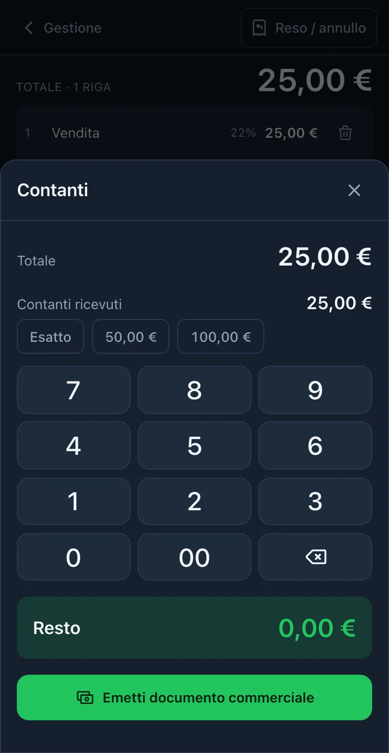 Schermata di pagamento in contanti: totale 25,00 €, contanti ricevuti, resto e il pulsante Emetti documento commerciale.