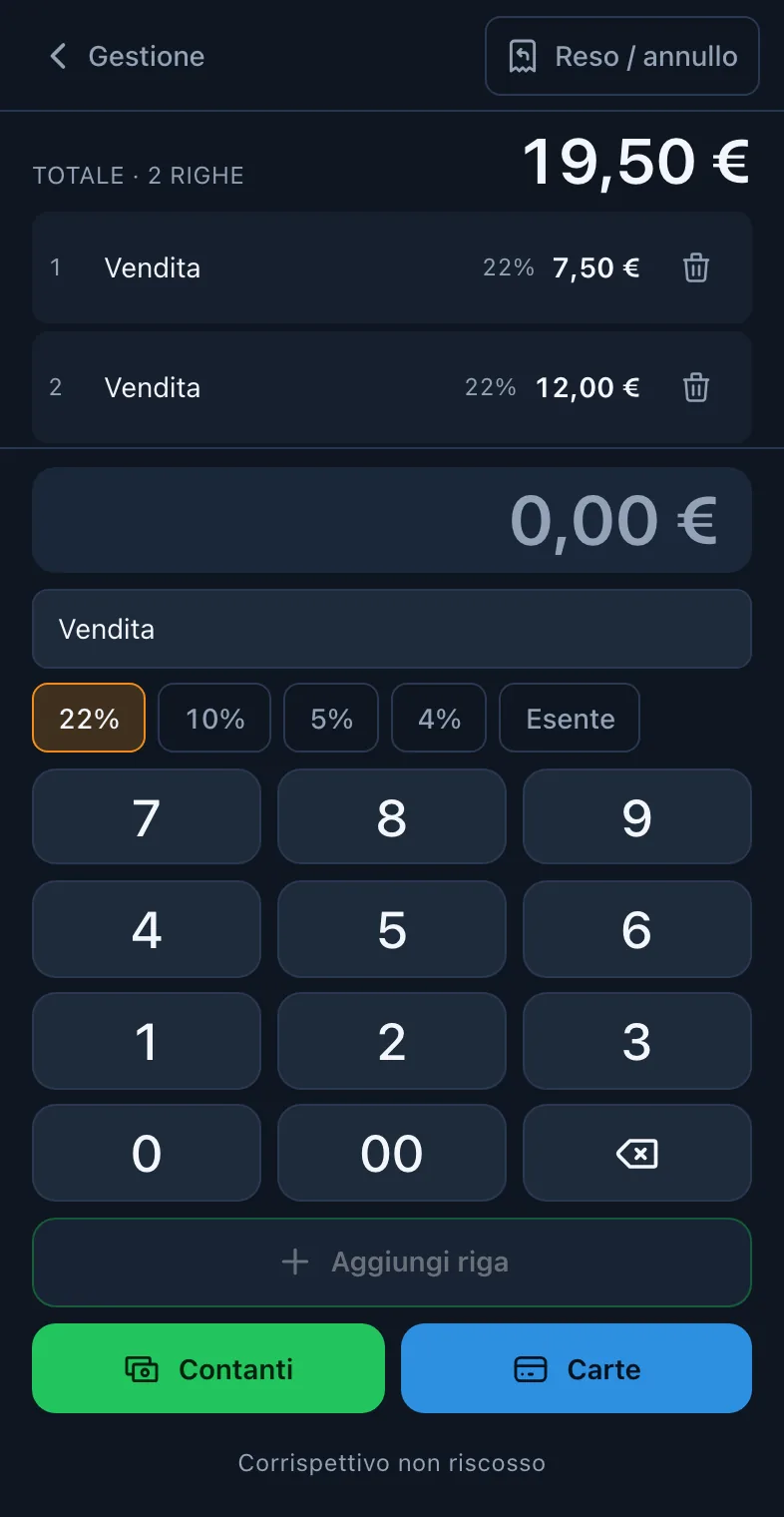 La cassa su un telefono: totale 19,50 €, due righe di vendita, tastierino numerico e i pulsanti Contanti e Carte.