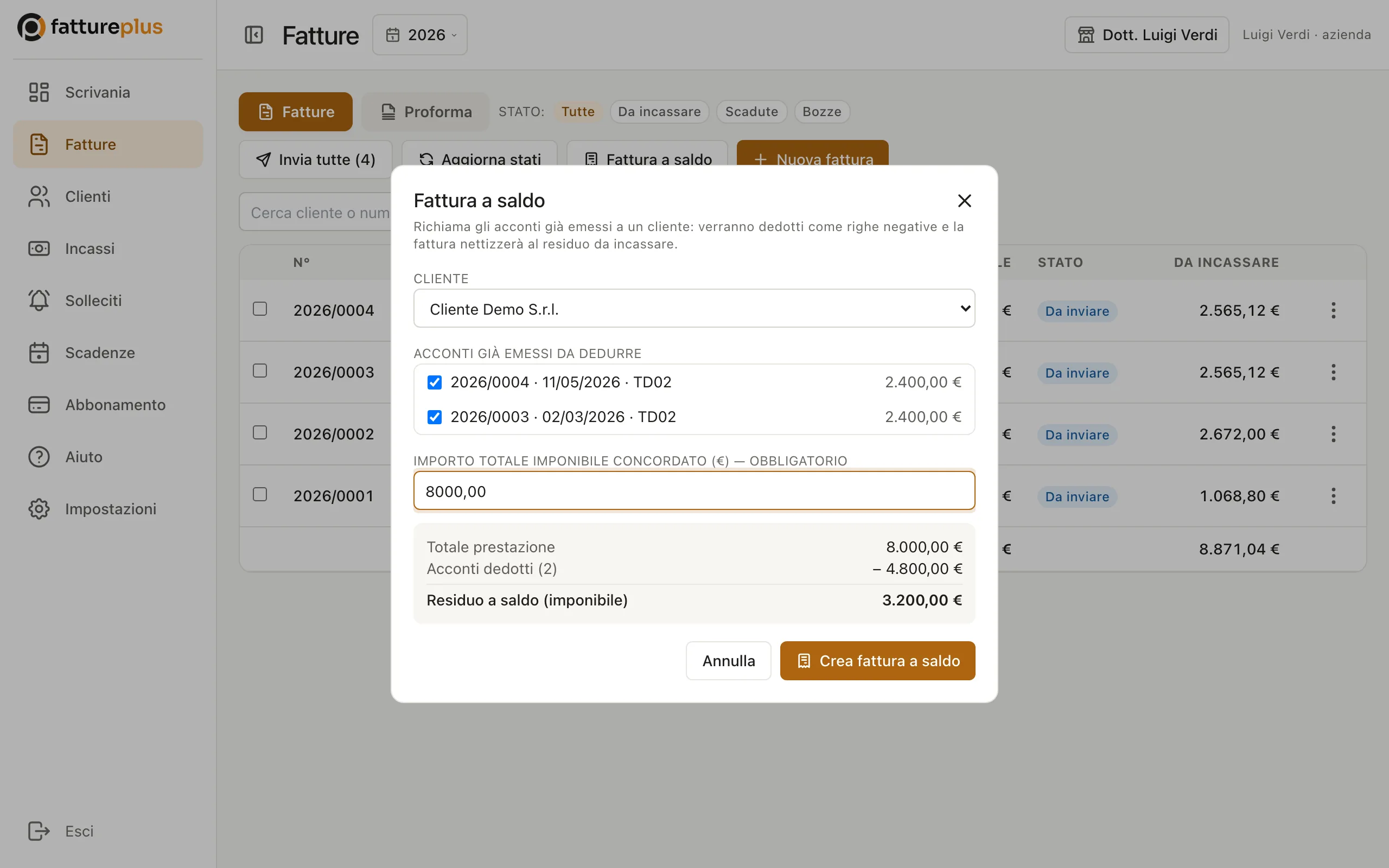 Pannello «Fattura a saldo»: totale concordato 8.000 €, due acconti dedotti per 4.800 €, residuo a saldo 3.200 €.
